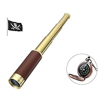 Laupha Retro Pirate Telescope Zoomable 25x30 Spyglass Portable Collapsible Handheld Telescope Vintage Monocular for Kids & Classical Collection Compass for Camping Hunting Boating Gift