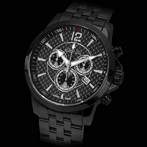 LOUIS-XVI-Herren-Armbanduhr-Athos-Stahlband-Schwarz-Karbon-Chronograph-Analog-Quarz-Edelstahl-802