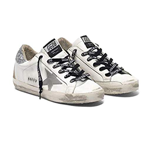 superstar sneakers with silver heel tab with glitter and metal stud lettering