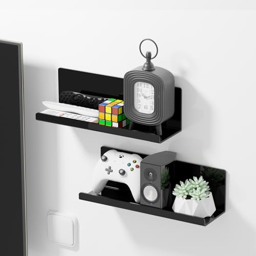Toski Set of 2 Black Acrylic Wall Shelves No Drilling 30cm Self Adhesive Kitchen Floating Photo Wall Shelf Bathroom Adhesive