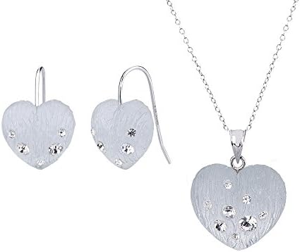 Handcrafted Silver Lucite and Crystals Drop Heart Earrings and Pendant Necklace Set