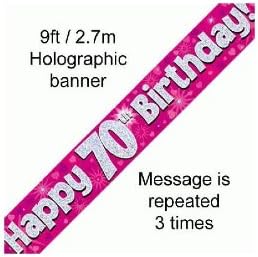 9ft Banner Happy 70th Birthday Pink Holographic, 9 ft