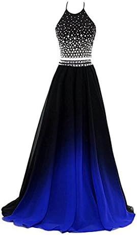 The Peachess Women's Two Piece Gradient Chiffon Long Prom Dress Ombre Beads Evening Dresses