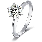 TwoBirch Platinum Plated 925 Sterling Silver 1.5 CT Round Moissanite Solitaire Engagement Ring with Six Prongs (Sizes 4.5 to 9)
