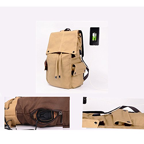 MiCoolker Canvas Casual Computer Laptop Backpack fits 17 inch Laptop and Notebook Unisex Schoolbag College Student Daypack with USB Charging Port Khaki
