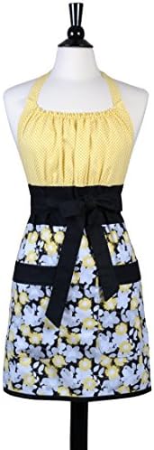 Womens Cute Kitsch Farmhouse Vintage Style with Butter Yellow Black Gray Flower Petals Lined Pocket and Fitted Bodice Top