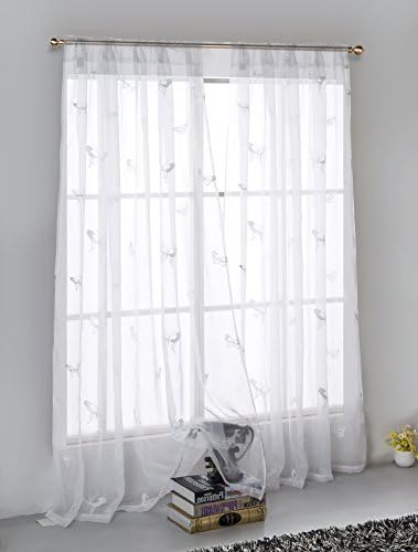 2 Piece Butterfly Embroider Sheer Voile Window Curtain Panel Drapes White Color Small Size 54" W x 63" L