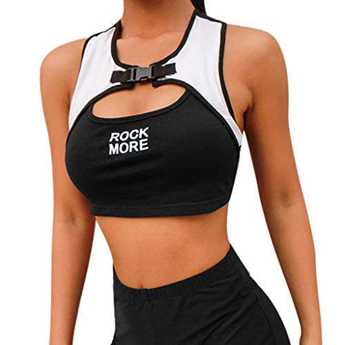 Fashion Women Sexy Letter Print Insert Buckle Casual Tank Top Short Sport Yoga Tank Top Sport Tops Racerback Tank Top Sleeveless T-Shirt for Gym Fitness Toponly