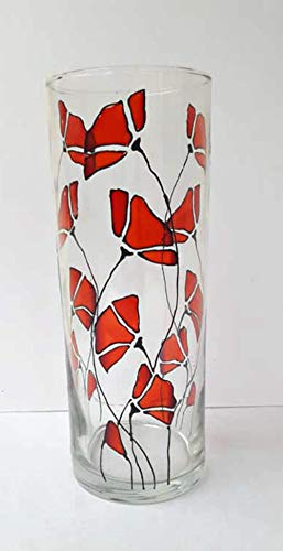 Red Poppy Flower Hand Painted Stained Glass Cylinder Vase, Candle Holder, Floral Decor
