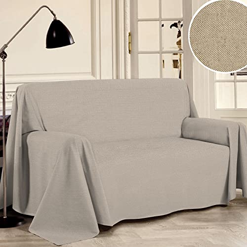 PENSIERI DELICATI Housse de canapé 180 x 290 cm, fabriquée en Italie, 100% Coton Pur recyclé, Teint en Fil, Couleur Unie, Beige, idéale comme Toile d'ameublement, Sauvegarde canapé, Couverture