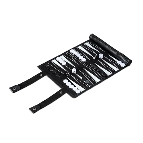 Relaxdays Set Complet pour Jouer au Backgammon, à Enrouler, Dimensions Plateau LP : 32x26 cm, Similicuir, Noir