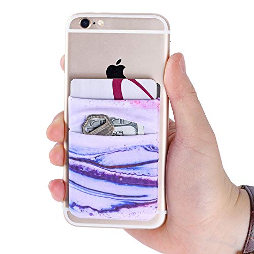 2Pack Phone Card Holder Stretchy Lycra Stick on Wallet Pocket Credit Card ID Case Pouch Sleeve 3M Adhesive Sticker for Back of iPhone Samsung Galaxy Android Smartphone-Sand Marble Purple Double Pocket