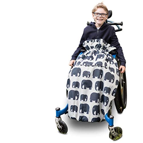 Bundlebean Children’s Wheelchair Cosy – Fleece‑Backed Waterproof Nylon, Front Hand-Warming Pouch, Adjustable Straps – Universal Fit for Wheelchair and Special Needs Buggy - Child Size (Grey Elephant)