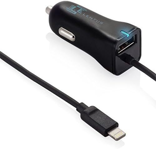 iPhone 6s Car Charger, Lentus Lightning Car Charger Adapter for iPhone 6/6s 6 Plus with extra 2.1A High Speed USB port, White (Black)