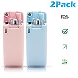 2 Pack Collapsible Reusable Straw, Composed of Stainless Steel and Food-grade Silicone, Portable Set with Hard Case Holder and Cleaning Brush, For Party, Travel, Household, Outdoor, etc. (Pink&Blue)