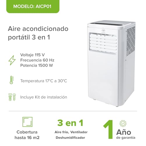 AVERA Aire Acondicionado Portátil 3 en 1 Enfriador, Ventilador y Deshumidificador, 115V, Hasta 16 m², Temperatura de 17 a 30°C, 53 dB, Temporizador 24 h, Control Remoto y Kit de Ventana | AICP01