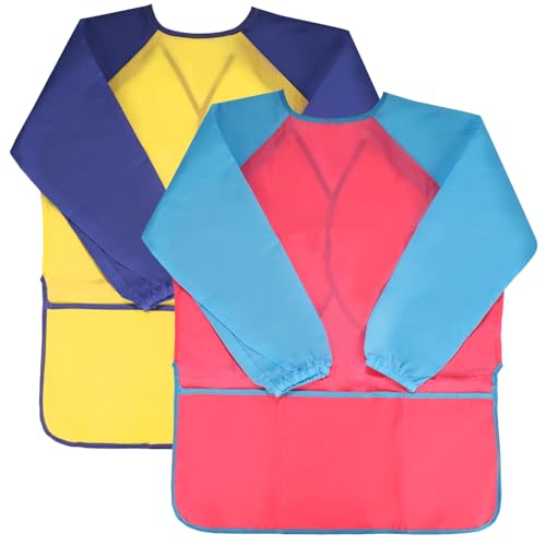 Kids Art Smocks 2Pcs Waterproof Toddlers Painting Aprons Children Artist Smock Long Sleeve with 3 Pockets for Age 2-8 Years