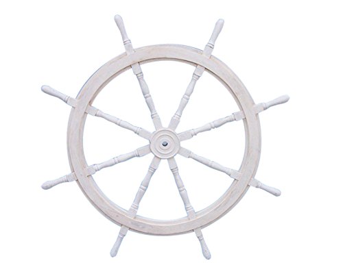 Handcrafted Model Ships Classic Wooden Whitewashed Ship Steering Wheel 60" - Distressed Wood Shipwheel