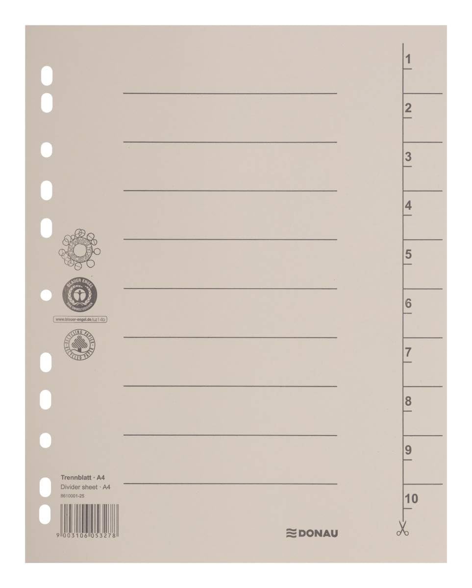 DONAU 8610001-25 Pack of 100 Dividers, Colour: Light Brown/Cardboard Index, Extra Wide, Made of Recycled Cardboard, 250 g/m², with Line Print for DIN A4, 4-Hole Dividers, Dividers, Folder