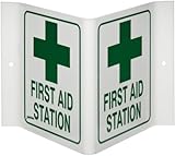 Brady 49382 9" Width x 6" Height x 4" Depth Acrylic, Green on White Standard "V" Sign, Legend "First Aid Station" (with Picto)
