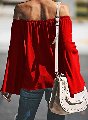 Women's Chiffon Off The Shoulder Shirt Blouse Front Knot Long Sleeve Tops Red L