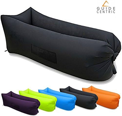 Inflatable Waterproof Air Lounger Laybag for Indoor/Outdoor, Camping, Beach, Park, Pool, and Backyard by Guide Centric (Black)