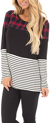 Amelitory Womens Long Sleeve Stripe Contrast Swing Hem Plaid Tops Crew Neck T-Shirts Blouses(Large Black)