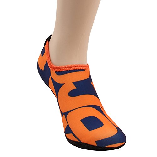 WOWFOOT Barefoot Water Skin Shoes Socks Women Men Flexible Swim Shoe Beach Aqua Surf Pool Yoga Exercise (7-1.L(W:7-8, M:6-7), Orange(Pattern))
