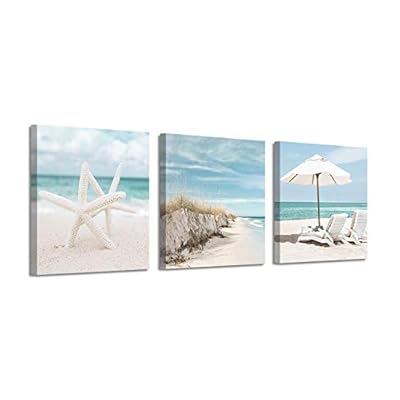 ARTISTIC PATH Coastal Canvas Wall Art Print: Starfish & Beach Chairs on Sand Artwork for Wall Painting for Bedroom(12" W x 12" H x 3 PCS, Multi-Sized) 41pfx0vEeuL