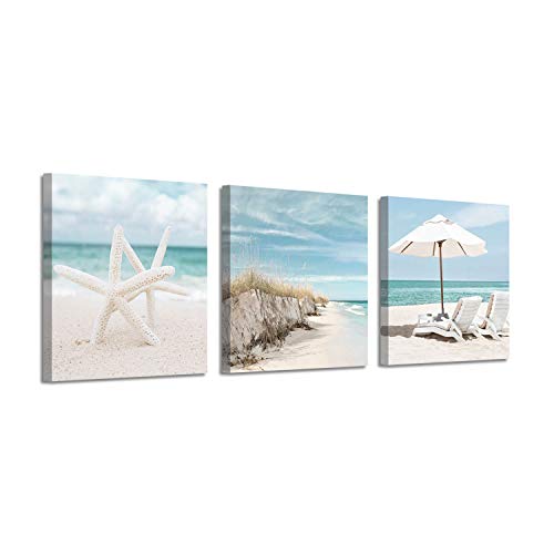 Coastal-Canvas-Wall-Art-Print-Starfish-Beach-Chairs-on-Sand-Artwork-for-Wall-Painting-for-BedroomOverall-12Wx12H-x3-Pcs Coastal Canvas Wall Art Print: Starfish & Beach Chairs on Sand Artwork for Wall Painting for Bedroom(Overall 12"Wx12"H x3 Pcs)