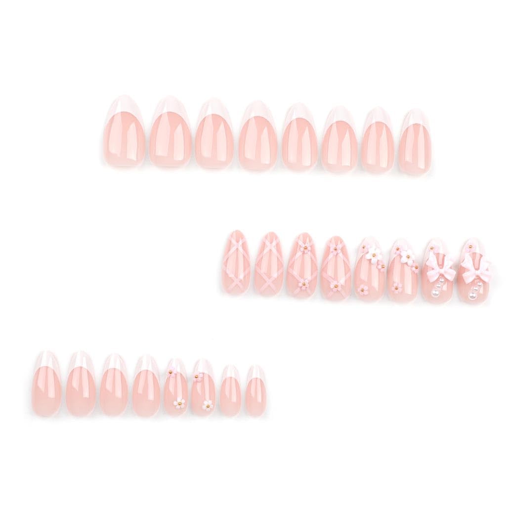 Foccna French Press on Nails Medium Rhinestone Pink Fake Nails Almond Bling Glossy 3D Flower False Nail Tips Artificial Nails Finger Manicure for Women&Girls -24 pcs - Image 2