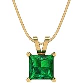 Clara Pucci 14K Yellow Gold Plated Solitaire 16" Box-Chain Necklace - Sterling Silver 1ct Princess Cut Emerald Pendant