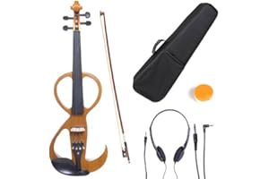 Cecilio 4/4 Full Size Electric Silent Violin, Hand-Carved Solid Maple Wood, Complete Set with Case & Ebony Fittings, Yellow Maple Metallic
