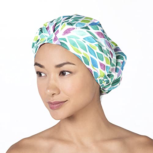 Betty Dain Trendy Turban Comfort Fit Shower Cap, Water Repellent, Sound-reducing Polyester Keeps Hair Protected, Elastic-free Trim Eliminates Imprints With Roomy Design Sleep Cap - Aqua Stones