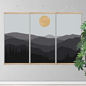 3 Panel Hanging Poster Wooden Framed Sun and Mountain Home Wall Canvas Prints Ready to Hang - 18"x36"x3 Panels