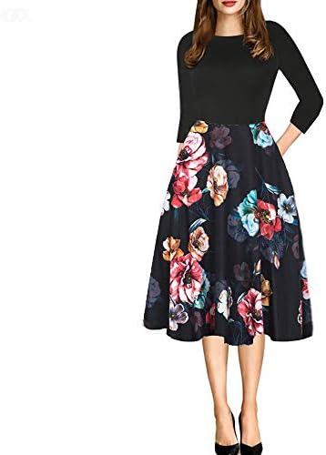 YISHIWEI Women's Pocket Vintage Patchwork Flowers Casual Party Flared Dress