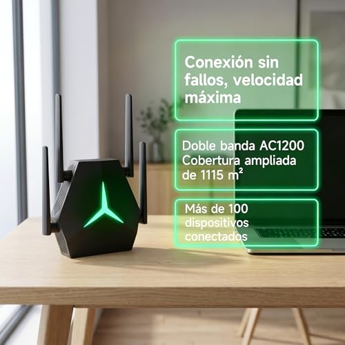 Repetidor WiFi 1167Mbps Doble Banda 2.4G+5G, Amplificador de Señal para Hogar Oficina, Elimina Zonas Muertas, Compatible con Routers