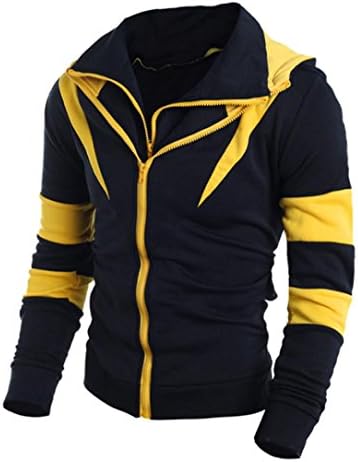 Men Coat Among Color Double Zipper Hooded Cardigan Sweater Tops Jacket Outwear (M, Yellow)