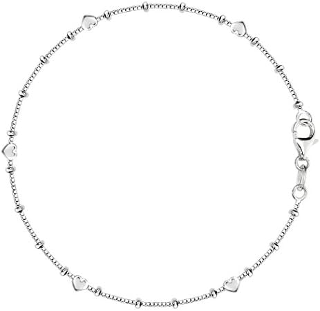 Box Chain With Heart Beads Anklet In Sterling Silver