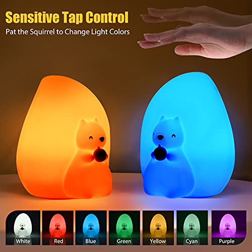 Squirrel Kids Night Light, Cute Silicone Baby Night Light with Touch Control, Squishy Portable Rechargeable Led Animal Nusery Lamp for Toddlers’ Room, Kawaii Birthday Gifts for Boys Girls Teens