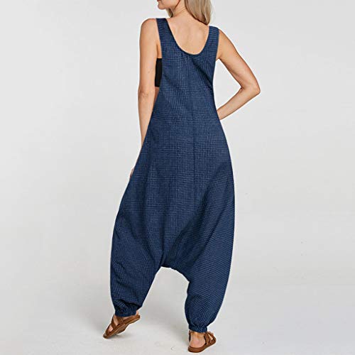 Jumpsuits for Women U Neck Romper Sleeveless Backless Side Pockets Sets Baggy Long Overalls (L, Blue)