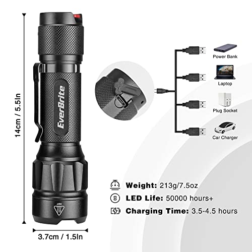 EverBrite LED Tactical Flashlight, Rechargeable Flashlight with Lanyard and Clip, 750 Lumens, IP44 Waterproof, 5 modes, Lightweight but Powerful Battery Life, for Camping Hiking, Emergency & EDC