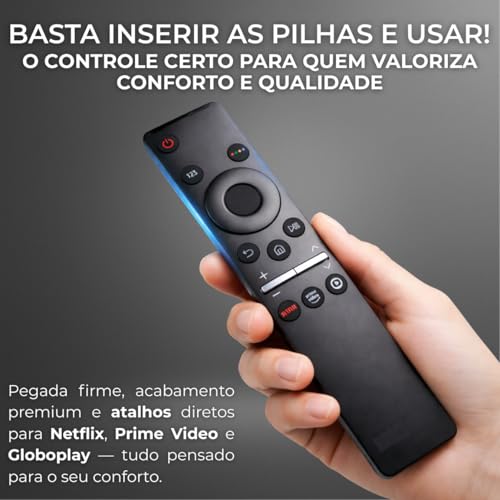 Controle Remoto Compatível com Smart TV Samsung — Com Botões Netflix, Prime Video e Globoplay— Funciona em Modelos 4K, QLED, Crystal, Neo QLED e OLED — Não Precisa Configurar