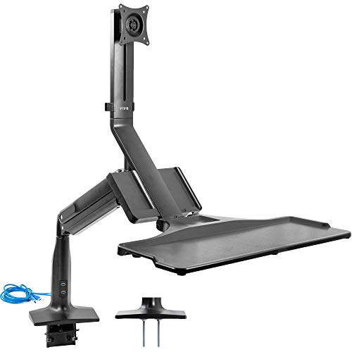 VIVO Black Premium Single Monitor Height Adjustable Workstation Standing Desk Mount Riser with Foldable Keyboard Tray and USB Ports | Holds Screens up to 32 inches (STAND-SIT1DD)