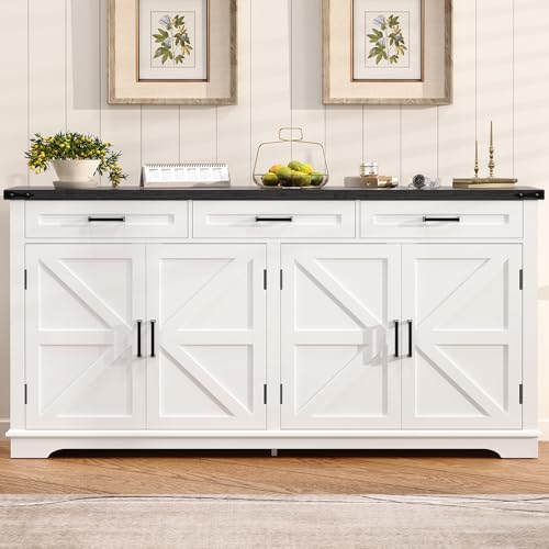 FIONESO 61" W Buffet Cabinet with 3 Large Drawers & 2 Adjustable Shelves, Farmhouse Sideboard Cabinet, Coffee Bar, TV Stand, for Kitchen, Living Room, White,40×155×80CM