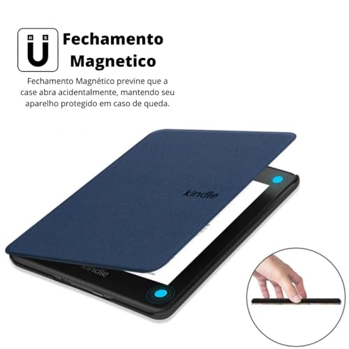 Capa Para Kindle Paperwhite 12ª Geração e Kindle Colorsoft 7 Polegadas (SA569P, SA568B, SA58CB, SA59CP) – Função Liga/Desliga - Fechamento Magnético - Sistema de Hibernação (Azul Marinho)