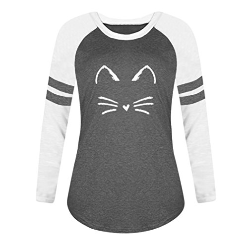 Rambling New Women's Color Block Cat Printd Long Sleeve T Shirt Casual Round Neck Tunic Tops Blouse
