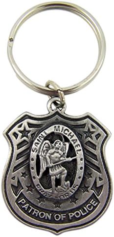 Fine Pewter Saint Michael Patron of Police Badge Medal Key Chain, 1 1/2 Inch