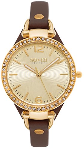 SO&CO New York Women's 5061.2 SoHo Quartz Gold Tone Case Brown Slim Leather Strap Watch