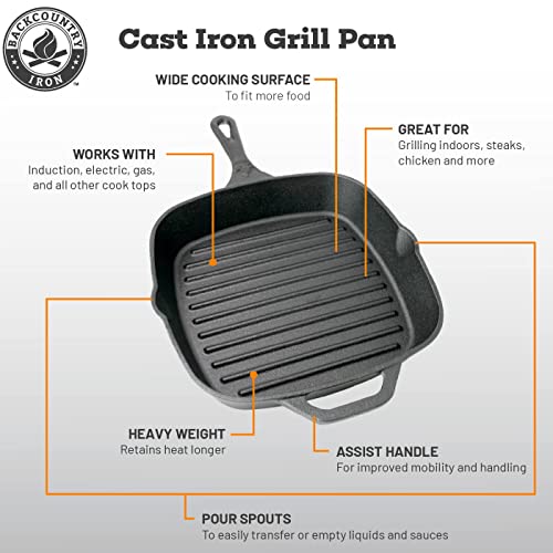 Backcountry Iron 12 Inch Square Grill Pan Large PreSeasoned Cast Iron